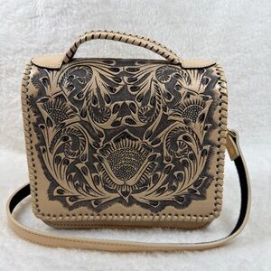 Women's Beige Embossed Floral Top-Handle Crossbody Bag